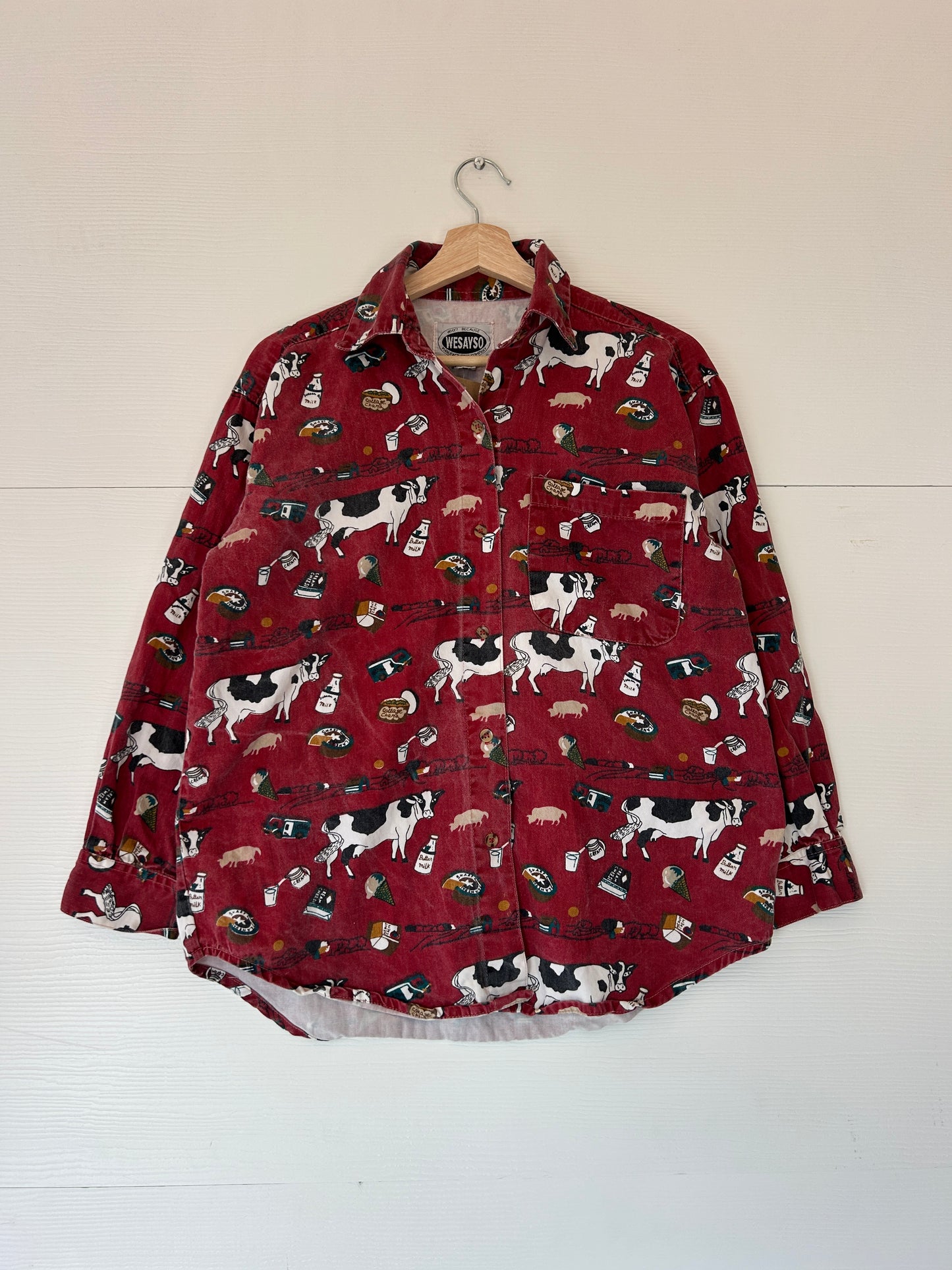 Cow all over print button down - S