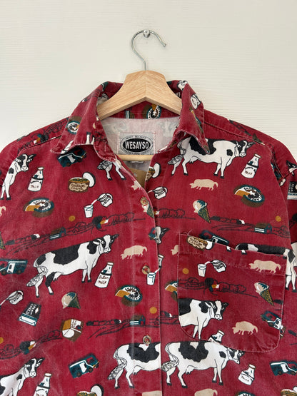 Cow all over print button down - S